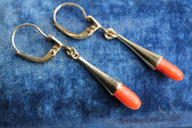 Elongated Natural Coral Dropping 14k Gold Earrings