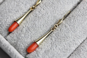 Elongated Natural Coral Dropping 14k Gold Earrings