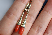 Load image into Gallery viewer, Elongated Natural Coral Dropping 14k Gold Earrings