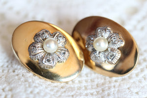 Retro Pearl & Rose Diamond 18k Gold Earrings