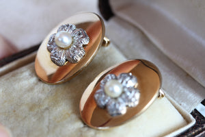 Retro Pearl & Rose Diamond 18k Gold Earrings